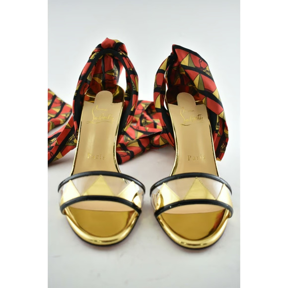 Christian Louboutin Baigneuse 100 Black Gold Red Lace Up Sandal Heel Pump 36.5 - Picture 7 of 12